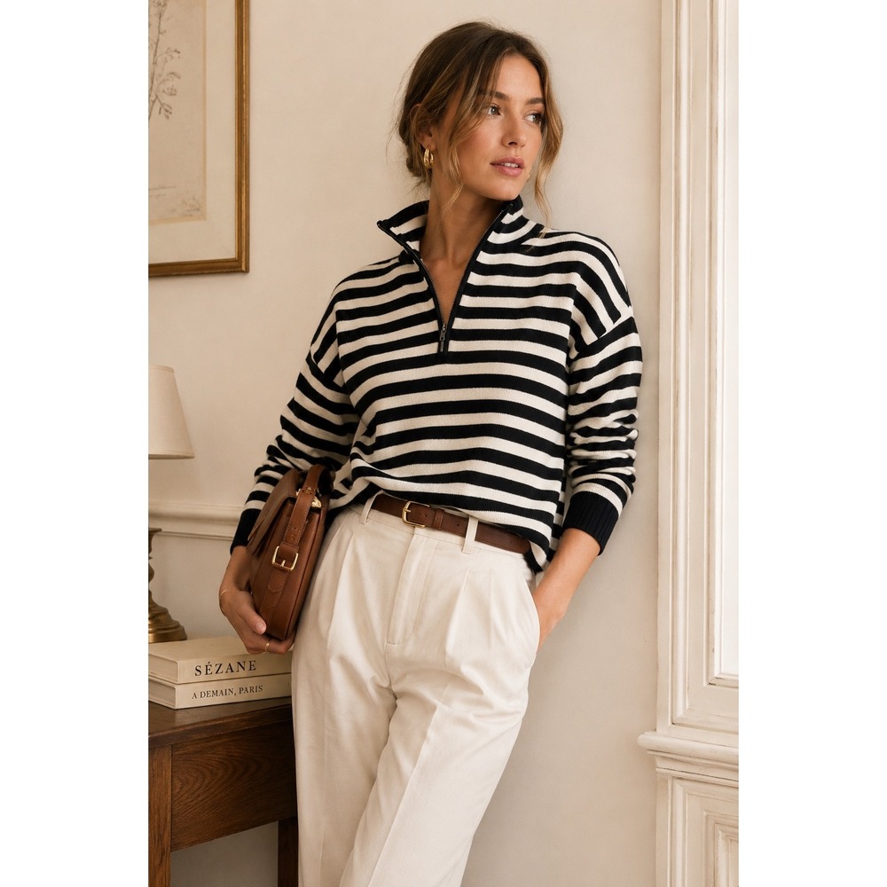 Express Women's Quarter Zip, XS Black/White Striped Viscose Blend, Cozy Soft‎